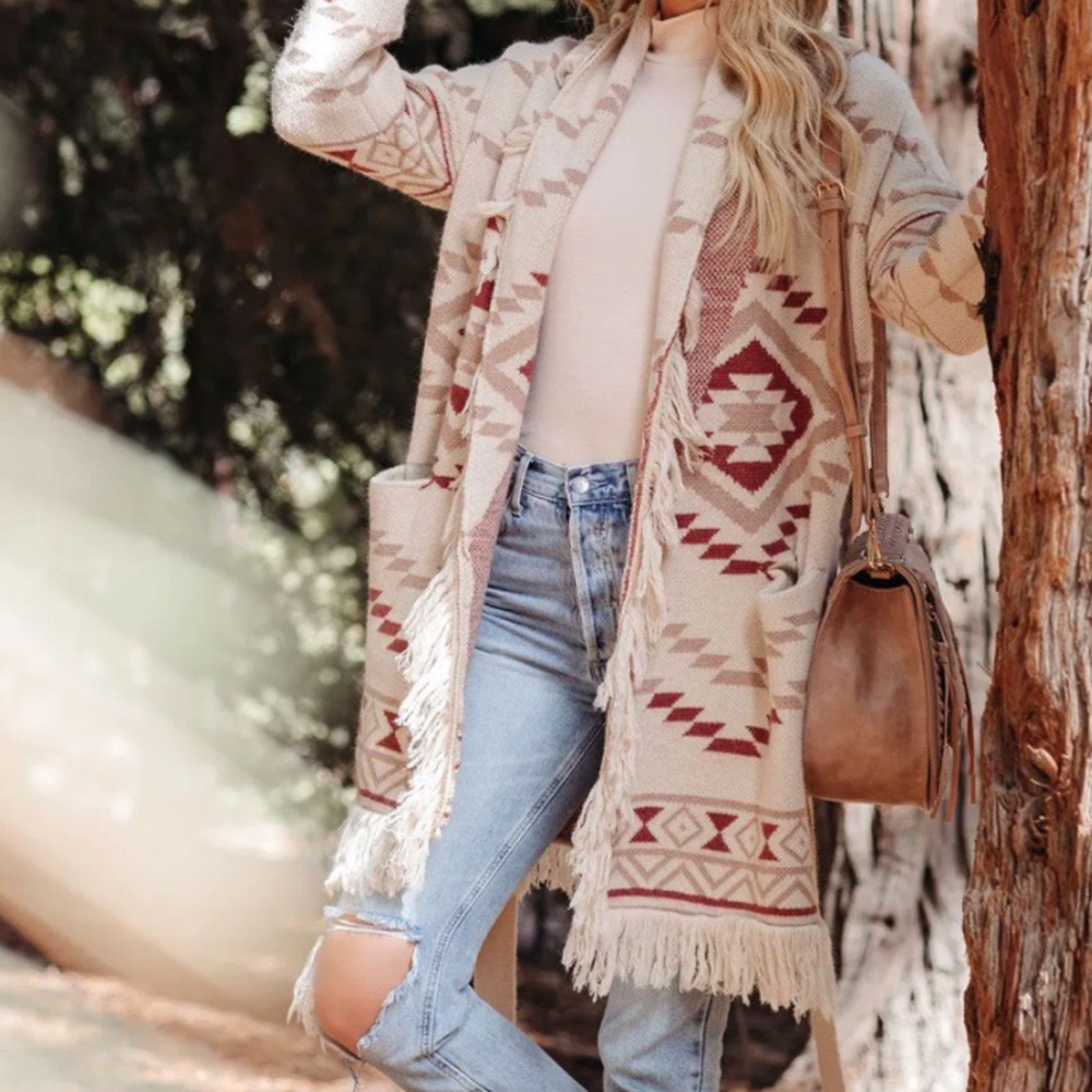NEW Western Yellowstone Tribal Blanket CARDIGAN Aztec Southwest ⭐️NWT Fringe